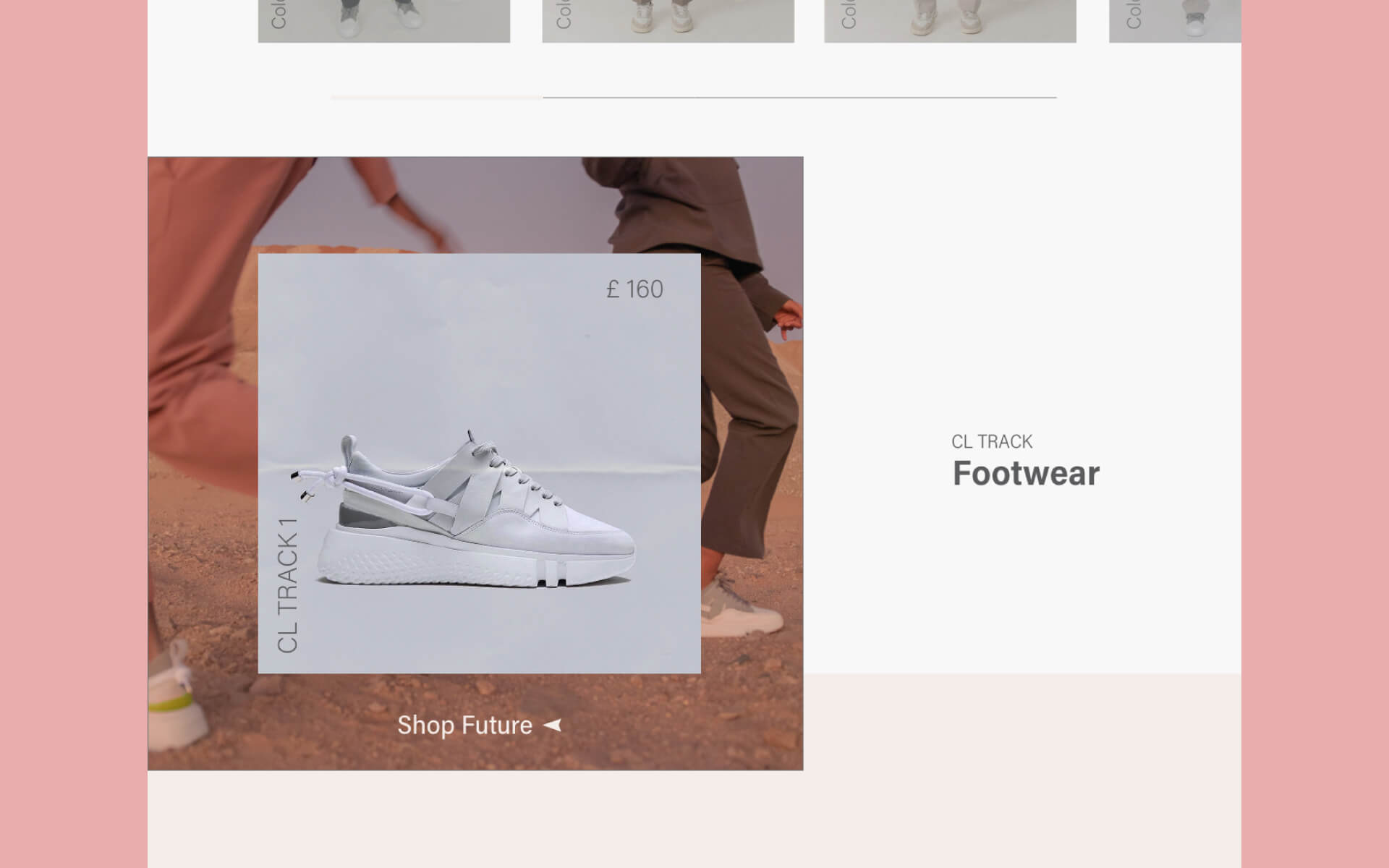 La section Footwear : une composition qui lui est propre pour mettre le produit en avant, tout en reprenant la grille commune.
