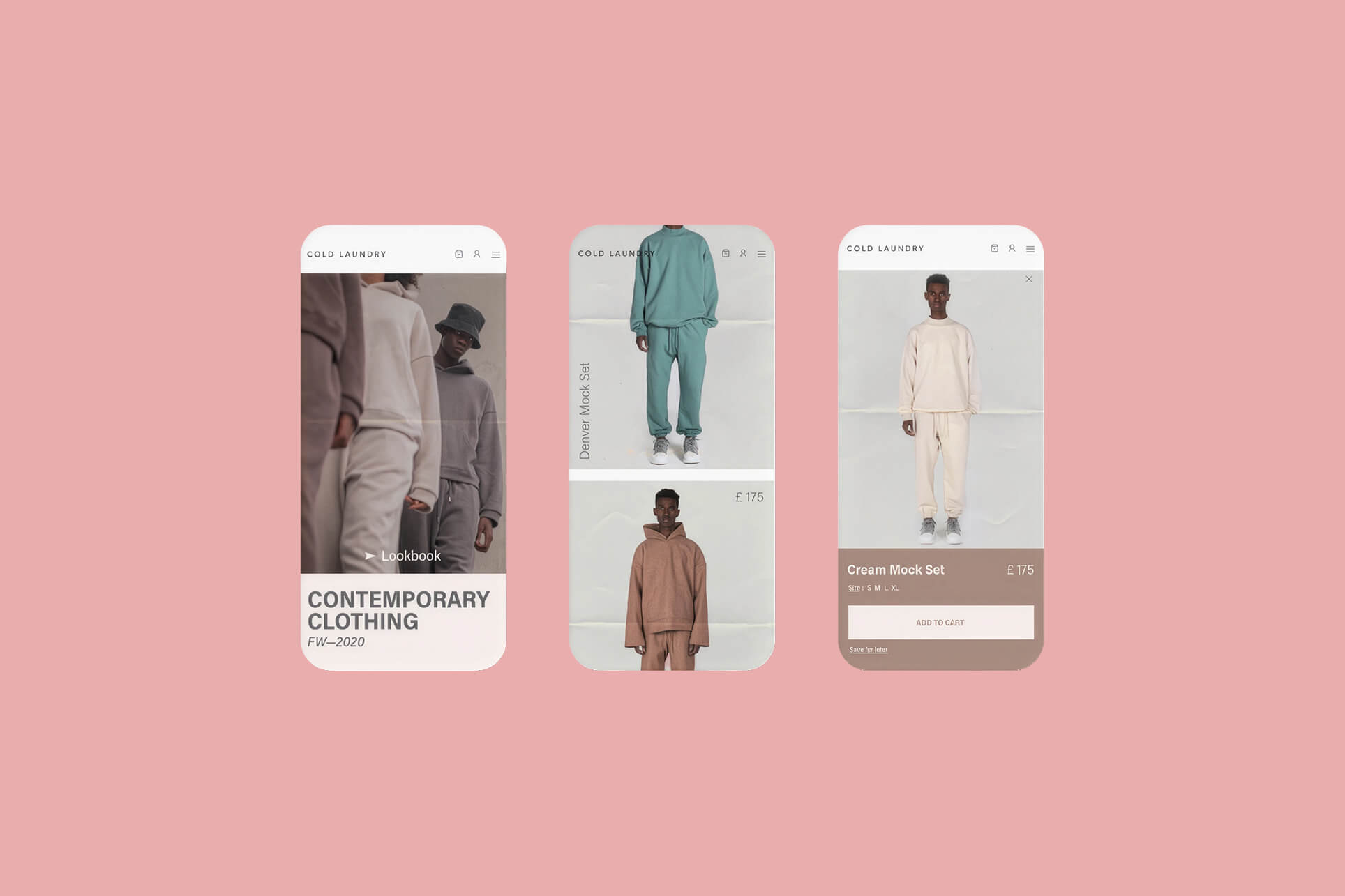 Les déclinaisons mobiles : l'accueil et son lookbook, une page catégorie aux noms de produits à la verticale, et une fiche produit dont le panneau d'achat apparaît en surimpression.