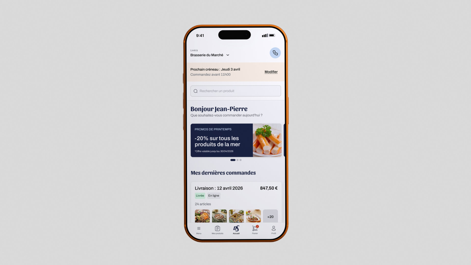 Écran d'accueil de l'application : établissement livré, prochain créneau de commande, recherche, promotion en cours et rappel de la dernière commande avec son statut.