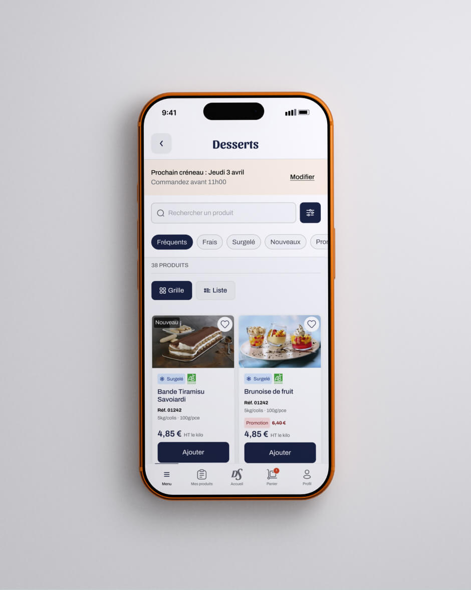 Liste des produits d'une catégorie : filtres par type, bascule grille ou liste, et fiches produit avec référence, conditionnement, prix au kilo et bouton d'ajout.