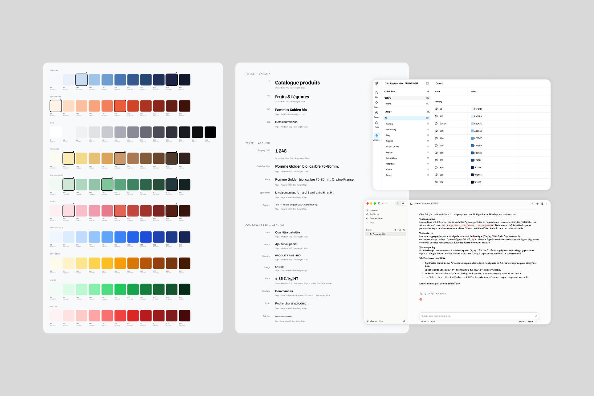 Le design system : palettes de couleurs par usage, échelle typographique et libellés des composants, avec les variables Figma et le contrôle des tokens mené dans Claude.