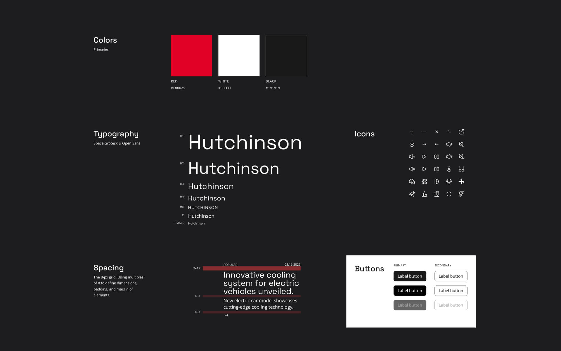 Le système d'interface : couleurs primaires, échelle typographique en Space Grotesk et Open Sans, jeu d'icônes, grille d'espacement de 8 px et états des boutons.
