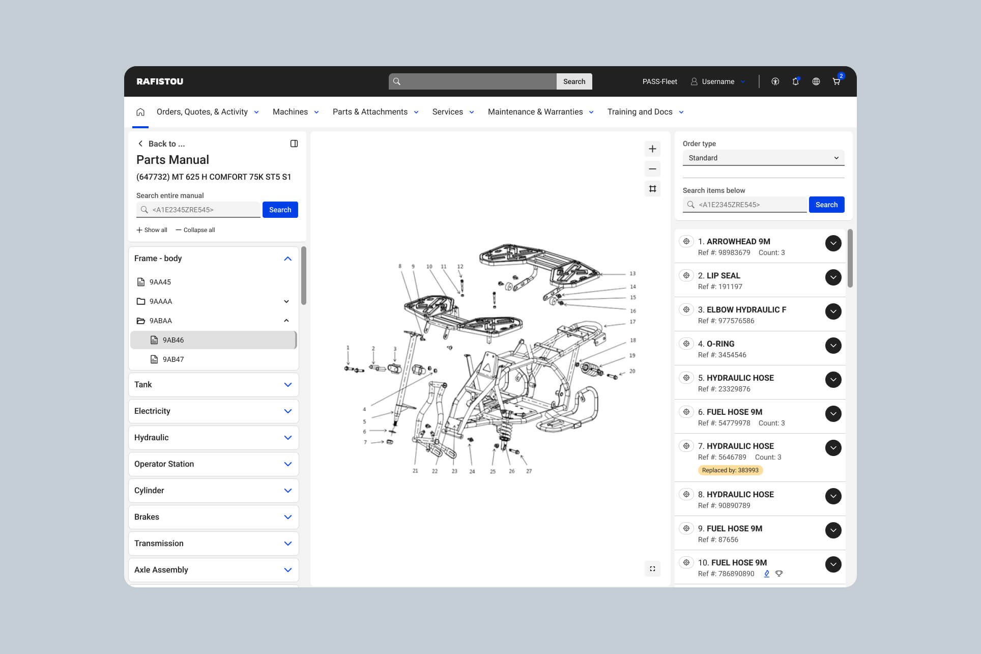 Écran du catalogue de pièces : arborescence des ensembles à gauche, vue éclatée de la machine au centre, et liste des références avec leur disponibilité à droite.
