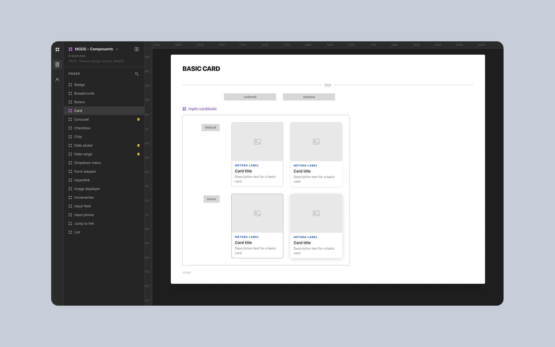 Le design system Figma : la page du composant carte, avec ses variantes et ses états.