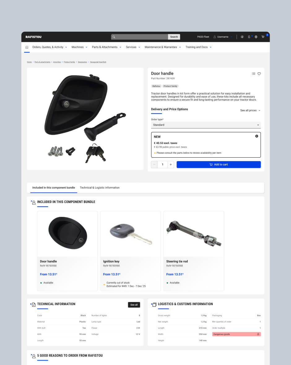 Fiche produit finalisée : visuel de la pièce, options de commande et de prix, composants inclus, informations techniques et logistiques.
