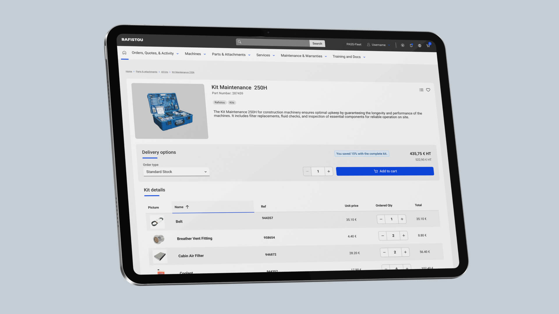 La plateforme sur tablette : fiche d’un kit de maintenance, avec le détail des pièces incluses, leurs quantités et le total de la commande.