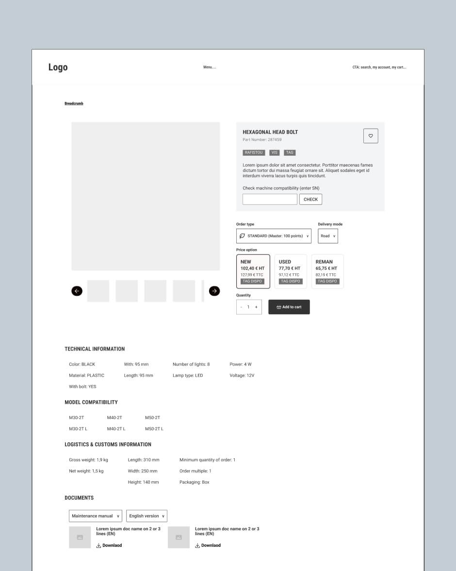 Wireframe de la fiche produit : emplacement du visuel, informations techniques, compatibilité machine et options de prix.